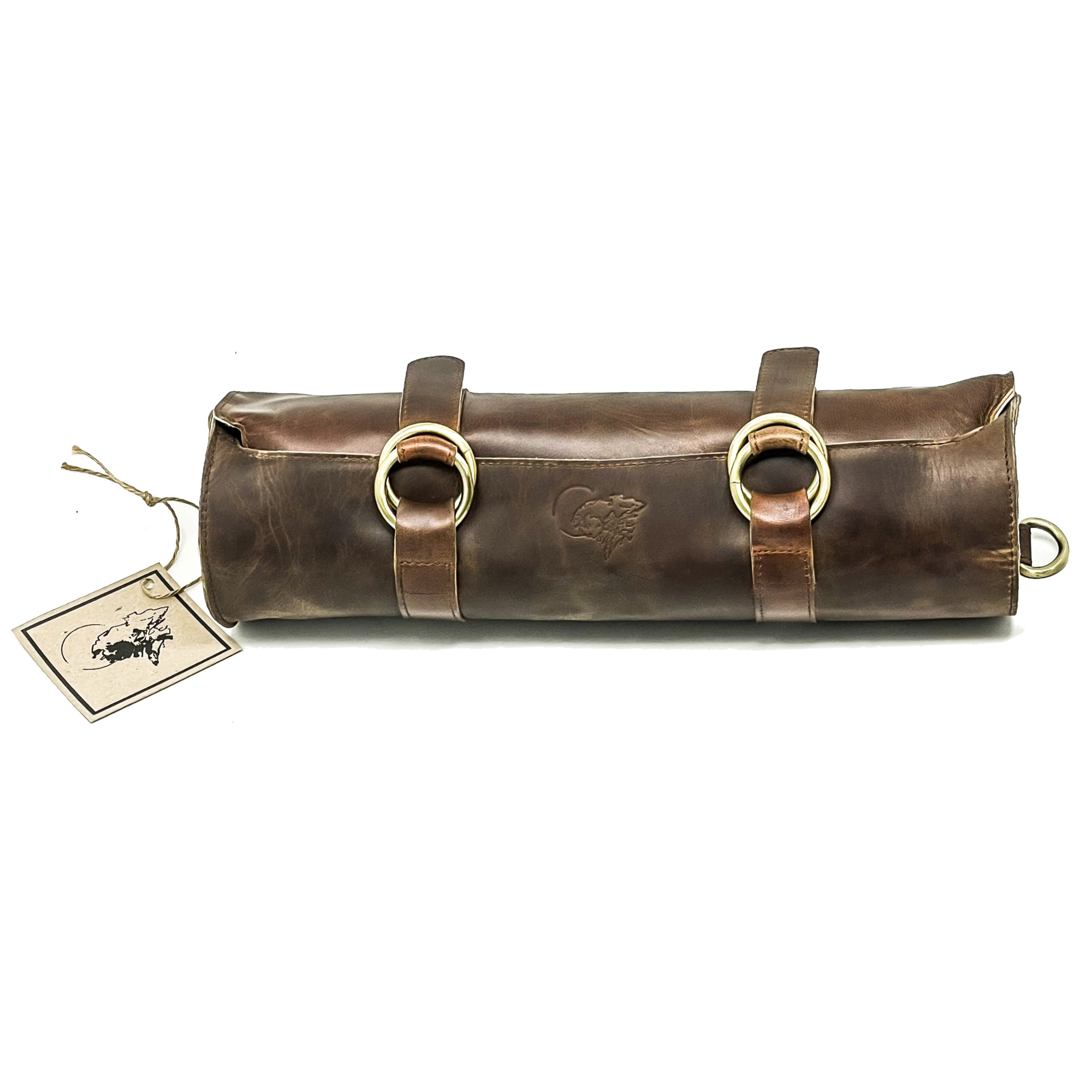 Leather Brush Holder in Rolled up position with brass fittings